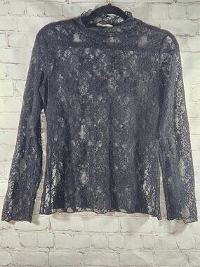 Jade by Jane Black Floral Lace Mesh Whimsigoth Witchy Long Slv Top L